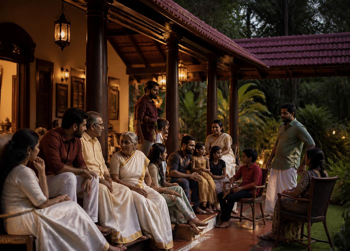 A Kerala family gathered on the veranda of their traditional home in warm evening light