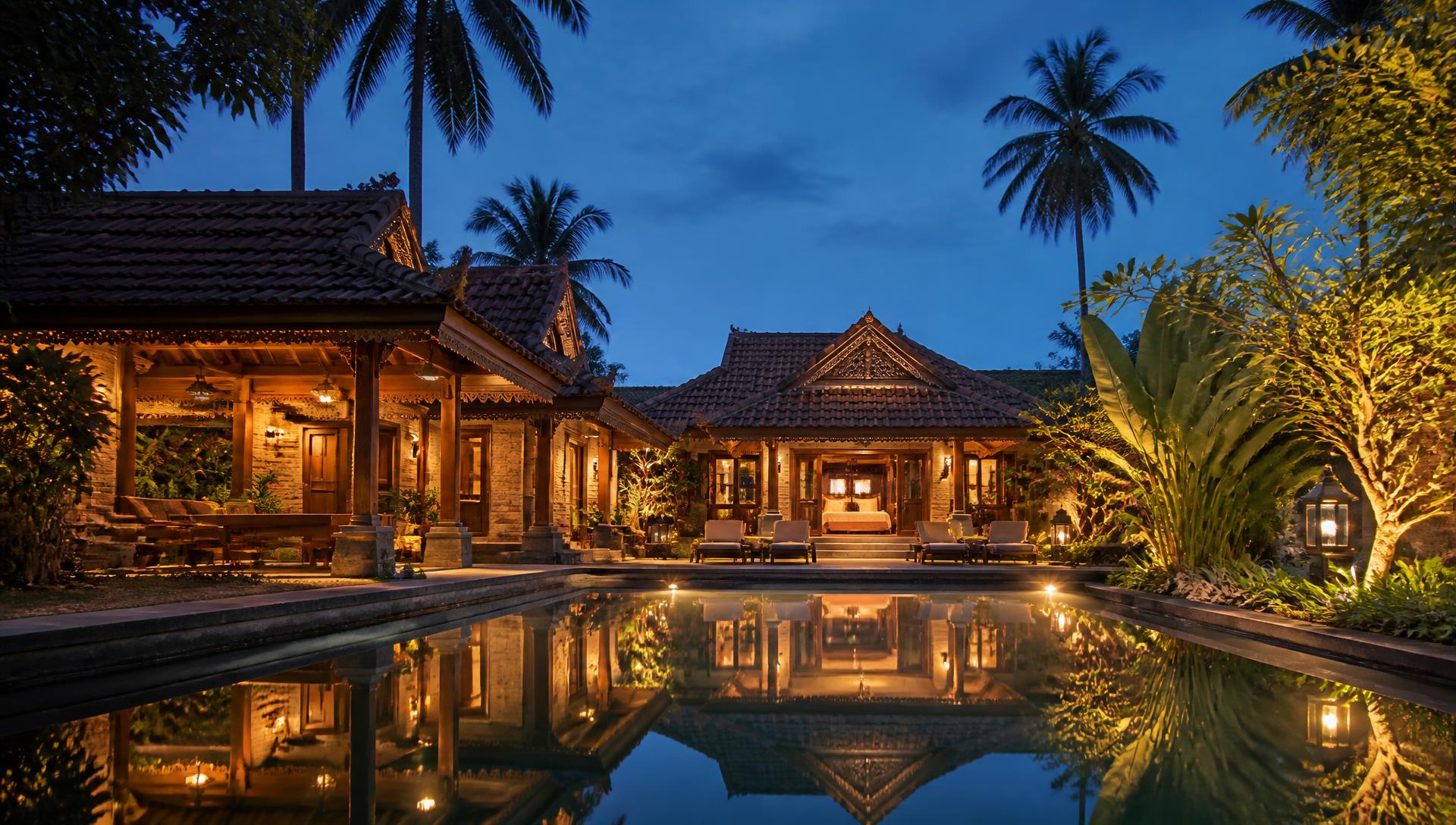 Premium traditional Kerala pool villa at twilight with private swimming pool and terracotta roof