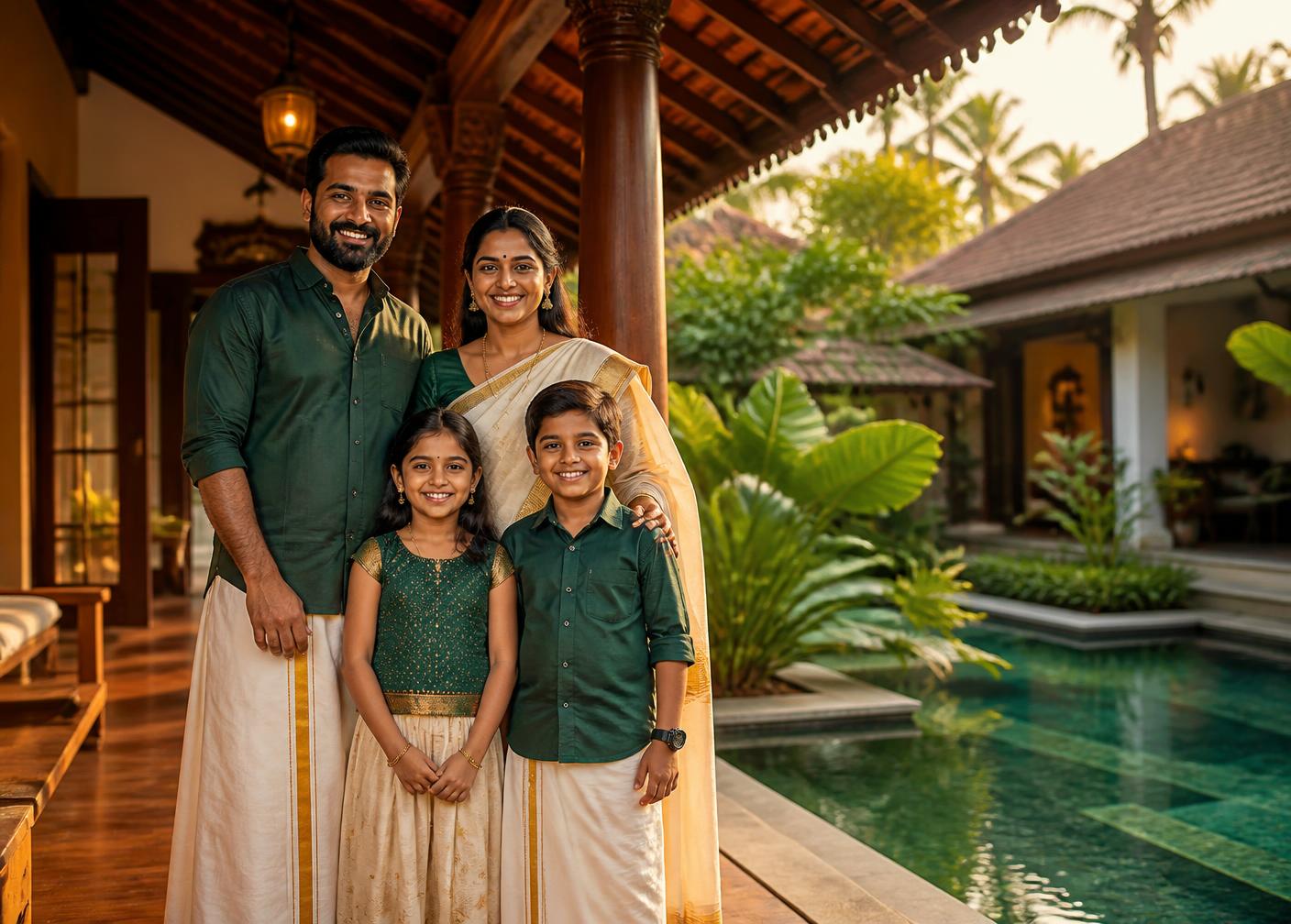 A happy Malayali family on the veranda of their completed traditional Kerala pool villa